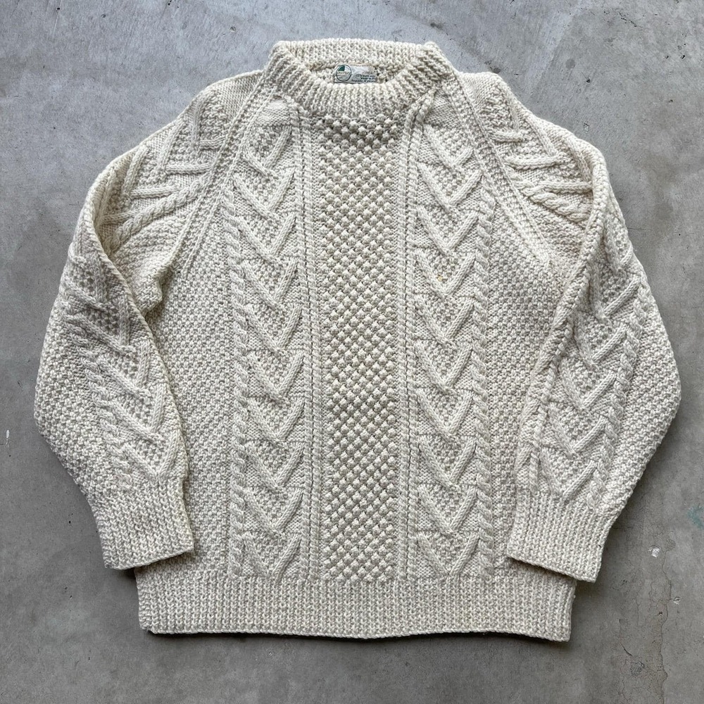 Vintage Carders Aran Irish Sweater Wool Fisherman Cable Hand Knit Ivory Size S/M